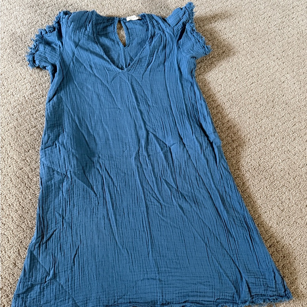 Stark X Textured V-Neck Midi Dress Ruffled Sleeve in Blue B32